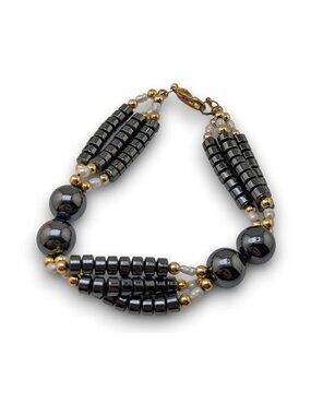 Vintage Gothic Glam Hematite Freshwater Pearl Triple Strand Bracelet 6 Inch